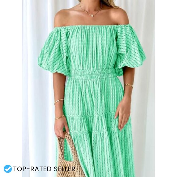 Off Shoulder Smocked Maxi Dress Flowy Boho Summer Casual Puff Sleeve - Picture 6 of 7